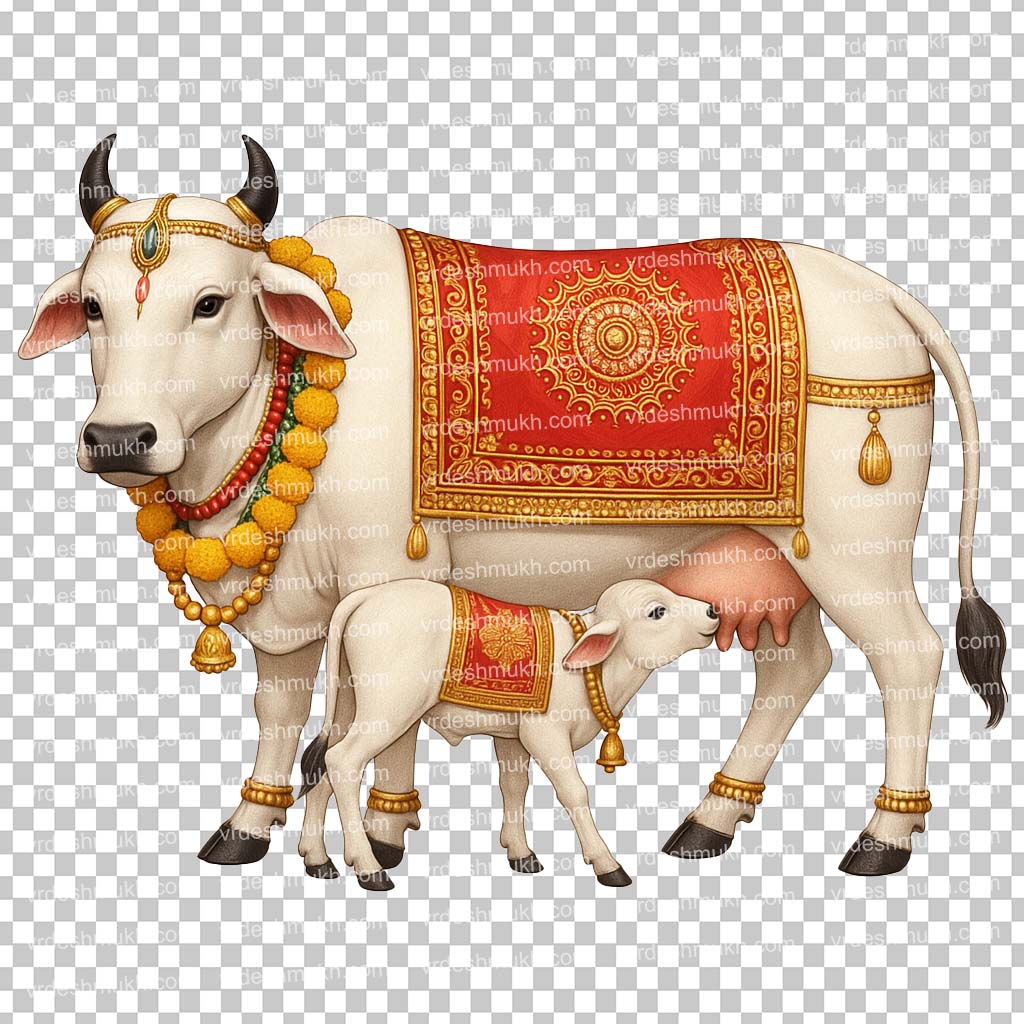 Gau Mata and Calf Vasubaras PNG Image Free Download | Cow and Calf Transparent Background Design